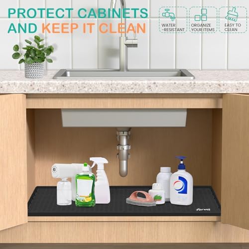 Silicone Under Sink Mat, 28"x19", Waterproof Cabinet Liner, Black | Shelf Liner, Cabinet Protector, Home Organizer, for Kitchen, Bathroom, Multipurpose, Leak Proof, Easy Clean, Drip Tray, Clean