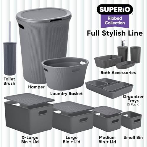 Superio Ribbed Collection - Decorative Plastic Basket Open Home Storage Bins Organizer, Medium Grey (2 Pack) Container Boxes for Organizing Closet Storage Bins for Shelves Drawer Shelf 5 Liter
