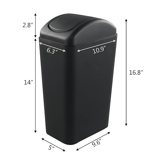 Hespama Slim Trash Can, 14L Black Swing Lid Garbage Bin for Narrow Space