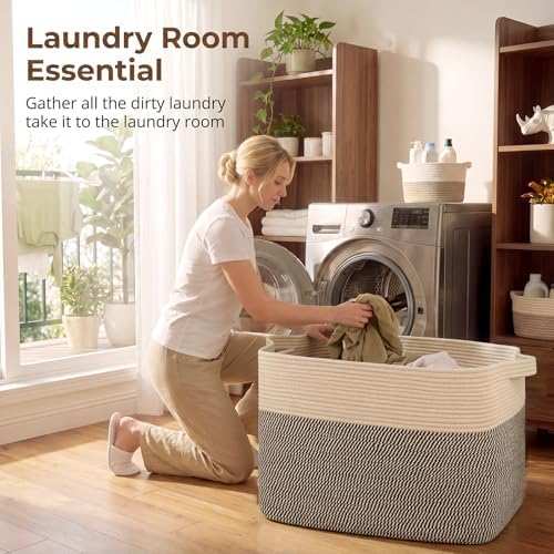 OIASKET 108L Cotton Rope Storage Basket for Living Room and Bedroom 25"x16"x16" Woven Laundry Basket, Heavy Duty Bin for Blankets, Pillows & Toys, Pet-Safe & Scratch-Free, Brown and Black