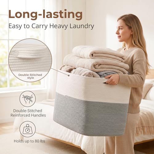 OIASKET 108L Cotton Rope Storage Basket for Living Room and Bedroom 25"x16"x16" Woven Laundry Basket, Heavy Duty Bin for Blankets, Pillows & Toys, Pet-Safe & Scratch-Free, Grey and White