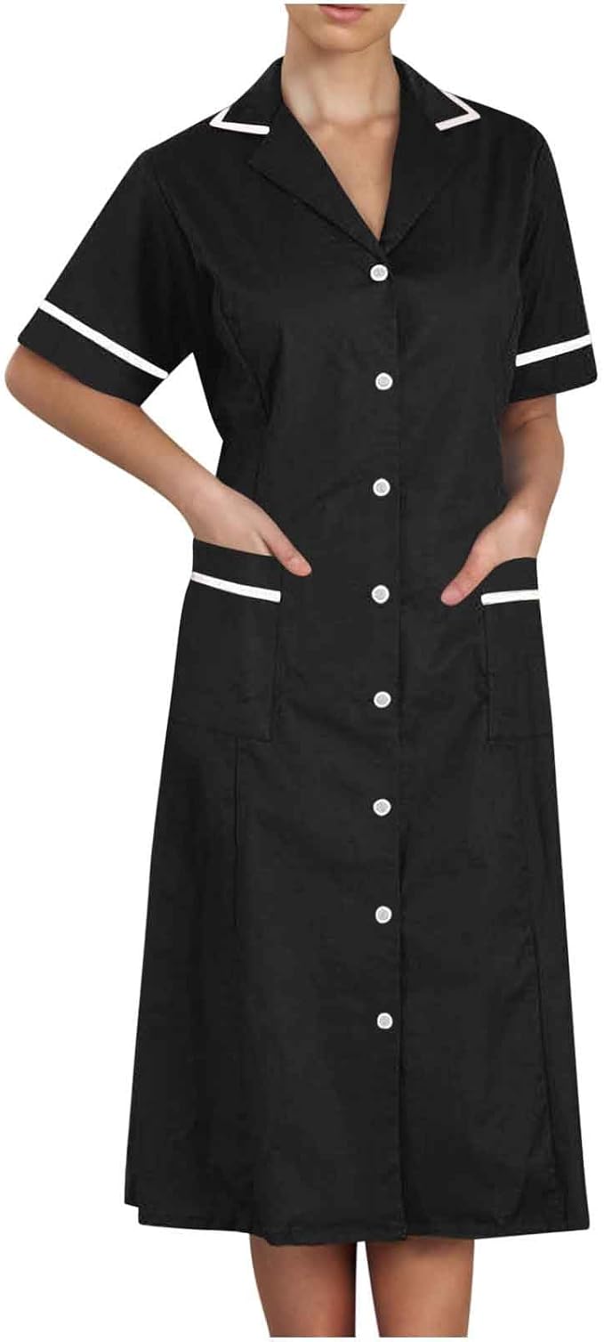 Women's Short Sleeve Work Dress Lapel Button Front Nursing Workwear Casual Housekeeping Scrubs Dress with Pockets