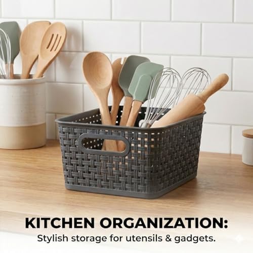 8 Pack Gray Storage Baskets, Plastic Woven Organizer Baskets, Stackable Shelf Baskets for Closet, Pantry, Bathroom & Laundry Room
