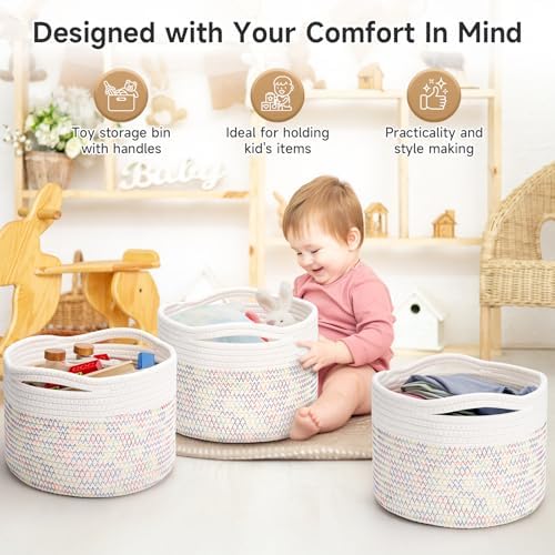 3 Pack Small Rope Storage Baskets, 9.82×9.82×7.1", Rainbow | Cotton Basket for Gifts Empty, Cute Round Woven Basket, Decorative Shelf Basket Organizer, Organizing Basket for Shelves