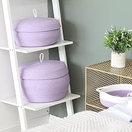 Sea Team Round Woven Cotton Rope Storage Basket with Lid, Lavender | Lidded Knitted Decorative Storage Bin, Pot, Caddy, Organizer, Container for Snacks, Towels, Plants, 13 x 5.5 Inches