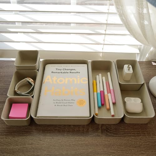 Welaxy Office Felt Desk Drawer Organizer Tray 8pc Stone Natural Storage Bin | Sustainable material soft yet sturdy,multi-purpose storage, sleek minimalist lifestyle