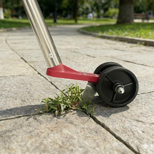53" Wheeled Blade & Brush Head Crack Weeder Tool, Adjustable Long Handle | 2-in-1 Long Handle Moss Remover, Stainless Steel Crevice Weeding Puller for Sidewalk, Driveway, Patio, Pavers, Garden