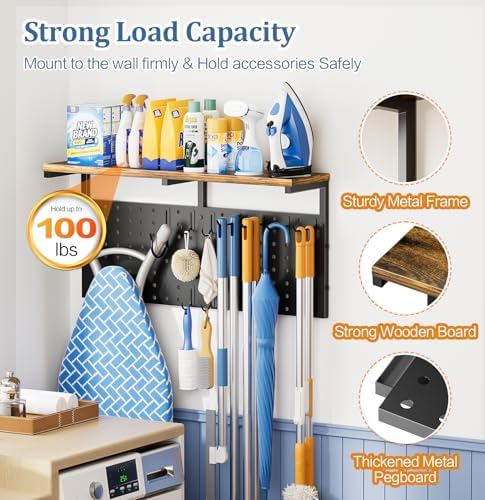 Ironing Board Hanger Wall Mount, Large Storage Iron and Ironing Board Holder, Laundry Room Storage Shelves with Ironing Board Broom Mop Holder, Laundry Accessories Organization and Storage Organizer