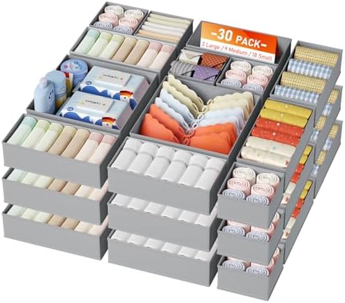 DIMJ Drawer Organizer Clothes, 30 Pack Dresser Organizer, Foldable Closet Organizers and Storage, Fabric Dresser Bins, Drawer Dividers for Nursery, Baby Clothes, Underwears, Sock,Gray