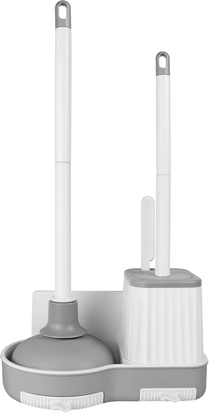 Silkyhose 3 in 1 Toilet Brush & Plunger, Wall Mounted with Crevice Brush | Built-in Storage Holder. Rust-resistant, Durable. Non-Slip Grip. Easy to Install. For Bathroom, Floor & Tile Cleaning.