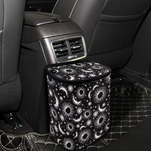 Celestial Sun Moon Stars Print Trash Can for Car Leakproof Garbage with Lid and Zipper Trash Bin Hanging Back of Seat Auto Interior Accessories Universal Fit Most Truck SUV Van