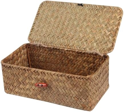 Moosky Wicker Shelf Baskets with Lid,Handwoven Seagrass Basket for Storage Basket Bins Rectangular Home Organizer Gift Boxes (Natural Small)