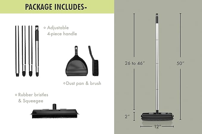 Rubber Bristle Expandable Broom Set with Dustpan & Handheld Rubber Brush for Surface Cleaning, Dust Pet Hair Removal Sofa Sweeping, Built-in Rubber Squeegee Snap, Set of 3, Black