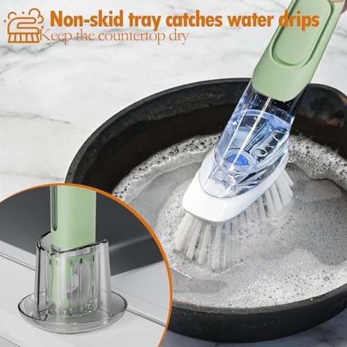 RIMAY Dish Brush Set with Soap Dispenser, 2 Refills and Storage Holder | Soap Dispensing Dish Brush dish scrubber with handle for Cleaning Dishes, Pans, Sink, Pots, Green