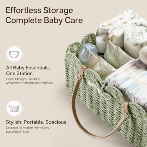 HBlife Large Baby Diaper Caddy, Paper Rope Scalloped Storage Baskets Nursery Bin with Removable Divider, Portable Car Organizer for Diapers, Baby Shower Gifts, Newborn Essentials Must Haves, Green