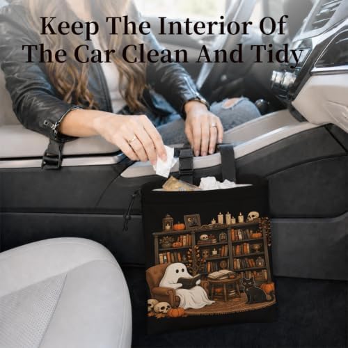Ghost Reading Book Halloween Car Garbage Bag Canvas Trash Can | Dark Academia Gothic Skull Bookish Drawstring Car Trash Bag Hanging for Back Seat with Adjustable Buckle