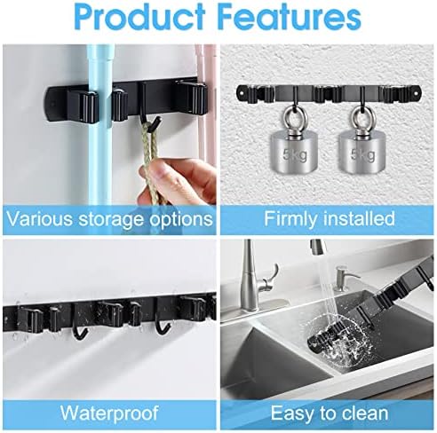 Huryfox Mop and Broom Holder Wall Mounted - Sturdy Stainless Steel Rack with Utility Hooks, 4 Racks, 3 Hooks Adjustable Design and Multiple Storage Organiser Options, Perfect for Kitchen, Laundry