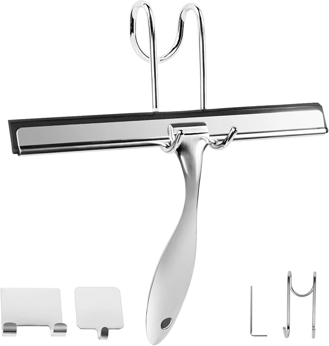 All-Purpose Stainless Steel Shower Squeegee Come with S Hook, 2 Square Sticky Hook 2 Rubber Strips Shower Squeegee for Glass Doors, Windows, Mirrors, Tiles and Car Glass -12 Inches Silver