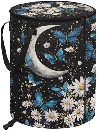 doginthehole Daisy Butterfly Moon Portable Trash Can Large Foldable Big Camping Can with Lid Storage Bag Pop Up Trash Cans for Parties, 22.83x17.71 in