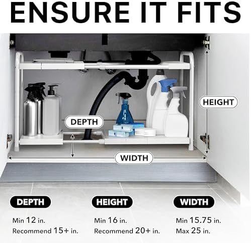 Simple Houseware Under Sink 2-Tier Heavy Duty Expandable Organizer, White | Adjustable Width 15.75–25 Inches with 4 Shelf Height Levels