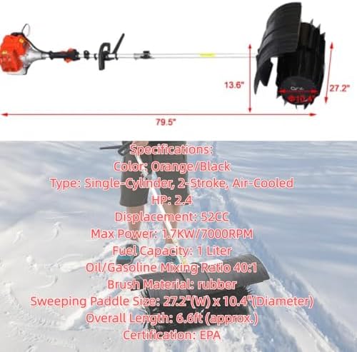 Gas Powered Snow Sweeper Brush Broom, Cordless Hand Held Walk Behind Power Shovel Snow Cleaner for Driveway Lawn Garden, 52CC 2-Stroke, 2.4HP (27.2x10.4 EPA)