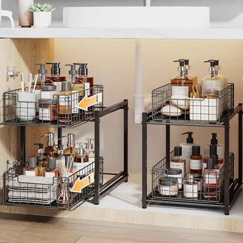 Under Sink Organizer, 2-Tier Pull Out Cabinet Organizer, Kitchen Bathroom Organizer and Storage, Spice Rack for Kitchen, Multi-use Sliding Drawers Shelves, Pack of 2 | Kitchen Bathroom Organizer and Storage, Spice Rack for Kitchen, Multi-use Sliding Dr...