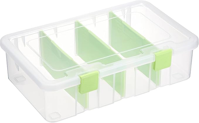 BTSKY Clear Plastic Dividing Storage Box with 4 Compartments Sewing Box | 13.3x8.1x3.4 Inches Adjustable Storage Bin with Lid Plastic Craft Storage Container Multipurpose Art Supply Organizer Green