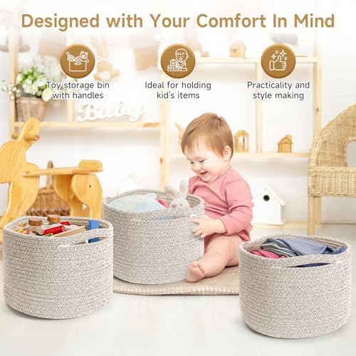 3 Pack Small Rope Storage Baskets, 9.82×9.82×7.1", Brown | Cotton Basket for Gifts Empty, Cute Round Woven Basket, Decorative Shelf Basket Organizer, Organizing Basket for Shelves