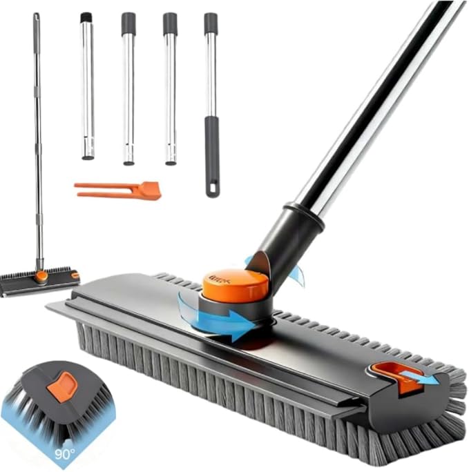Floor Scrub V Brush with Long Handle, 4 in 1 Multi-Angle Swivel Right Angled Bristle Floor Scrubber Brush with Squeegee and Tweezer for Cleaning Tile Wall Deck Bathroom Patio Garage Kitchen