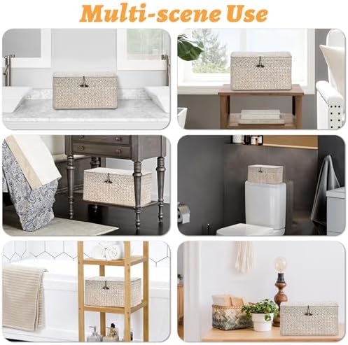 Sumnacon Wicker Basket with Lid,Tampon Holder for Bathroom,Whitewash,Medium | Natural Seagrass Female Product Organizer for Toiletries Pad Tampon Storage,Farmhouse Woven Baskets for Shelf, Toilet Tank