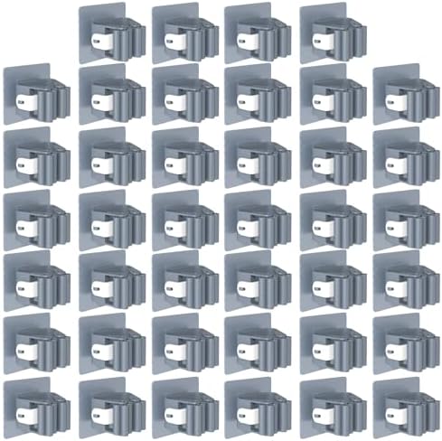 3-H 40-Pack Self Adhesive Broom Holder Wall Mount - Heavy Duty No Drill Broom Organizer for Garage Closet Kitchen, Plastic Storage Rack for Brooms Mops Tools, Grey
