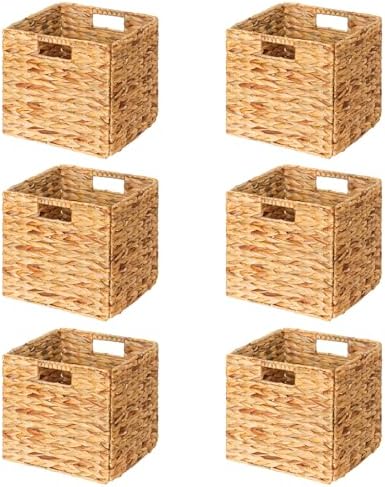 SpaceAid 6 Pack Wicker Basket, Storage Baskets for Organizing, Woven Rattan Basket with Handles for Shelves, Water Hyacinth Large Cube Organizer Storage Bin, 12x12x12 inch, Natural