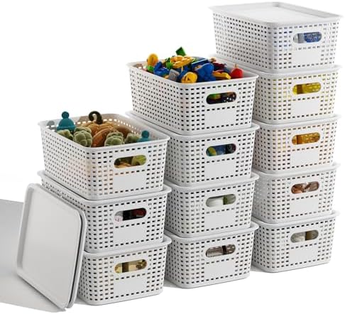 White Plastic Storage Baskets with Lids 12 Pack Stackable Storage Bins Containers for Shelves Organizing, Cute Decorative Storage Boxes for Classroom, Playroom, Closet, Pantry