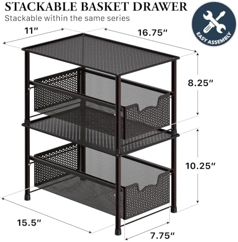 Simple Houseware Stackable Under Sink Sliding Basket Drawer, Brown | Perforated Free Standing Organizer, Kitchen/Pantry/Cabinet/Counter