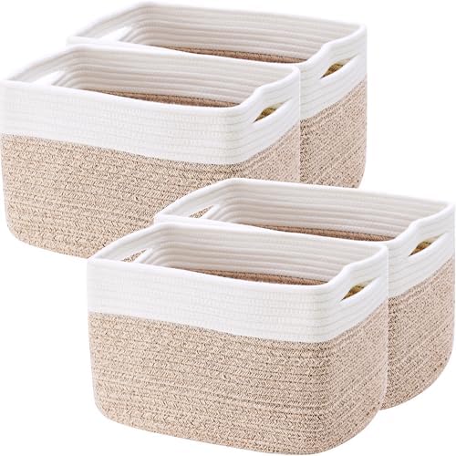 4 Pack Storage Baskets for Organizing Woven Baskets for Shelves | Cotton Rope Rectangle Storage Basket Bins for Bedroom & Living Room 12.7''Lx9''Wx7.8''H, Brown & White