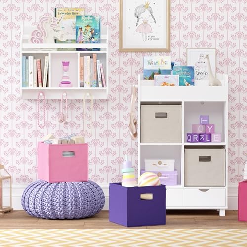 RiverRidge Folding Storage Bins - 4-pack of 10in Tall Dark Purple Cubes | Fabric Bins, Set of 4 Storage Cubes, Cut-out Handles, Playroom Closet Organizer, Collapsible Cubby with Bottom Board Insert