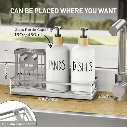 Moforoco Kitchen Dish Soap Dispenser Set, 16OZ Glass Bottle, Hand and Dish Soap Dispenser Set, Instant Dry Tray, Brush Holder with Smiley Face Sponge Holder (Silver Tray+White Bottle)