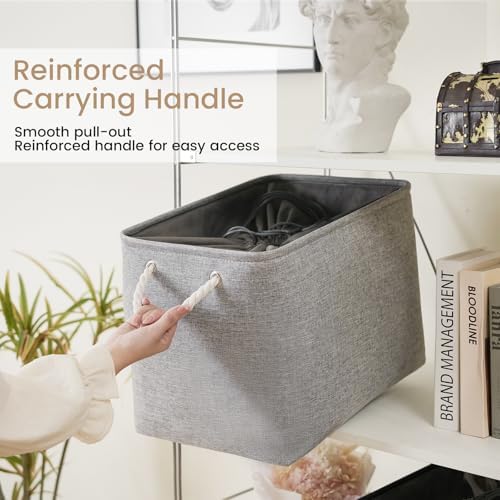 16x12x12 In Foldable Fabric Large Storage Bins with Handle 3 Pack | Storage Basket with Draw String Top, Sturdy Metal Strand, Cardboard Support Molding, for Shelf, Closet, Bedroom, Gray