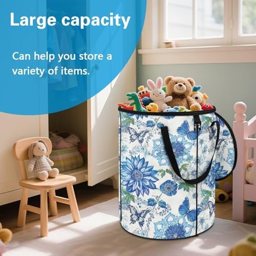 doginthehole Blue Floral Butterfly Collapsible Trash Can with Lid 20 Gallons Outdoor Waste Basket Bin Waterproof Garbage Cans Recycling Trash Can for Camping Beach Travel Yard Home Decorations