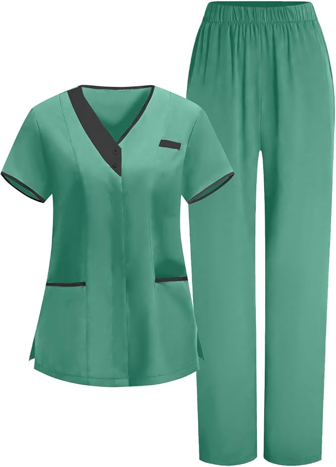 2026 Housekeeping Uniform Cleaning Uniforms - Button V Neck Top & Pants with Multi Pockets - Scrubs for Women