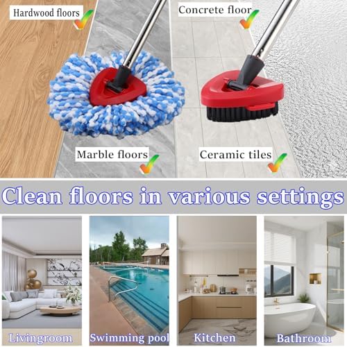RinseClean Spin Mop Heads Replacement Mop Scrub Brush Compatible with O Cedar RinseClean 2 Tank System, 3 Pack Microfiber Refills, 1 Spin Base, 1 Scrubber Head for O-Cedar Rinse Clean Mop