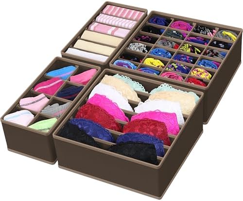 Simple Houseware 4-Pack Drawer Organizer Set for Underwear/Socks/Bra, Brown | Closet Dividers for Underwear, Socks, Bras, Scarves, Ties - Foldable Non-Woven Storage Boxes