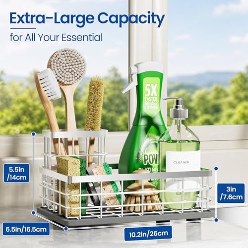Kitchen Sink Organizer, Large Sink Caddy with Sponge Holder & Diatomite Mat | Cleaning Supplies in One Place, Kitchen Countertop Organizer, Home Essentials, Brush Holder, Quick Dry Tray, Fewer Puddles