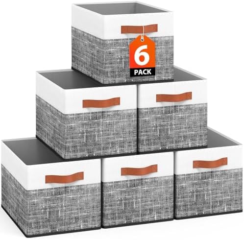 Fab totes Collapsible Storage Baskets for Shelves,14"x10", 6 Pack Foldable Fabric Storage Bins with Double Leather Handles, Large Baskets for Organizing Books, Clothes, White & Black