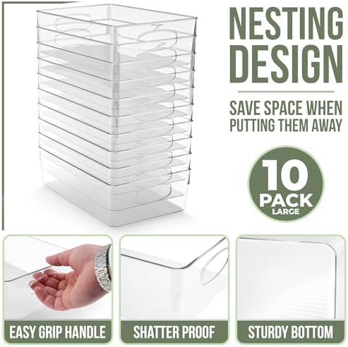 Sorbus Fridge Organizers and Storage, Clear Bins (Large, 10 Pack) | Plastic bin with easy access for cabinets, packaged food, produce and household supplies; contents stay visible for sorting