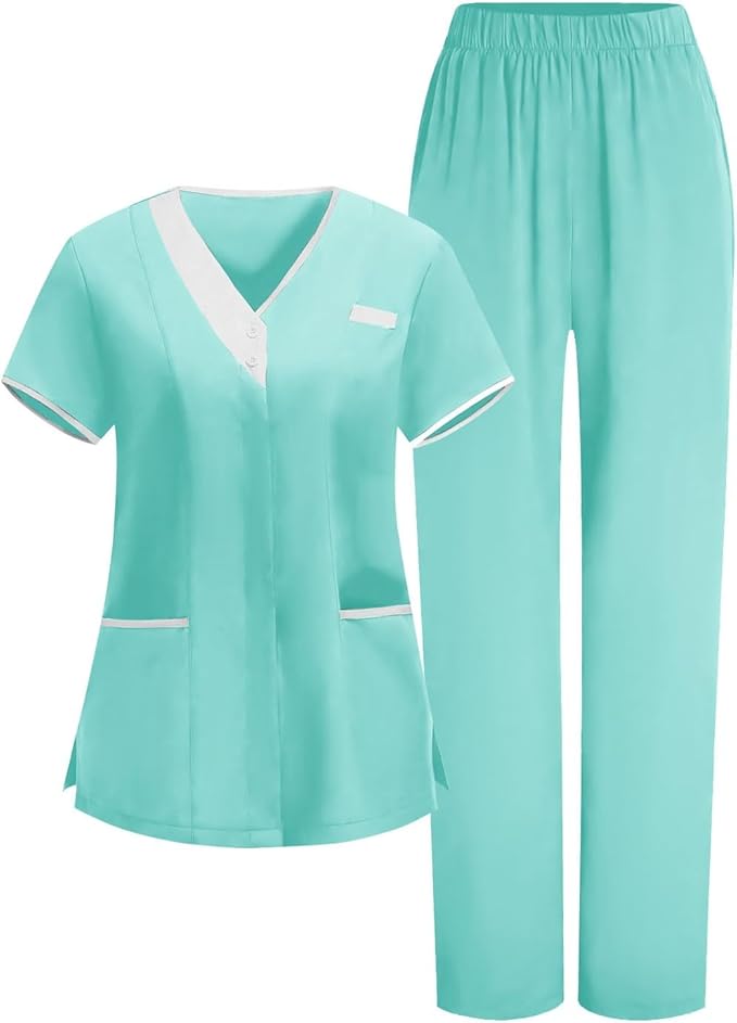 2026 Housekeeping Uniform Cleaning Uniforms - Button V Neck Top & Pants with Multi Pockets - Scrubs for Women