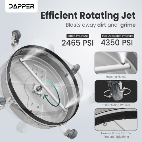Dapper Supply 18 in. Pressure Washer Surface Cleaner in Stainless Steel w/Handles & Wheels, 4350 Max PSI, 3/8" Connector & 2 Adapters Ideal for Driveways, Sidewalks, Patios, Decks