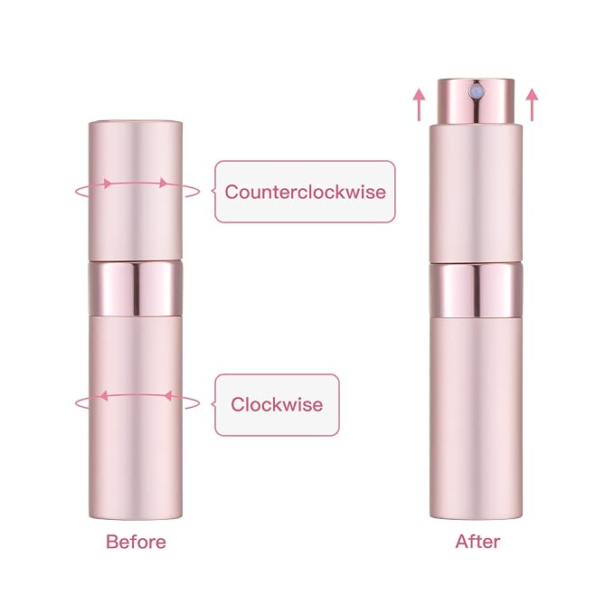 Tekson Travel Perfume Atomizer Refillable, 8ml Spray Bottle, Pink&Gold | Mini size cologne sprayer, empty fragrance container, fine mist, twist up, leak-proof, portable, for men & women, TSA