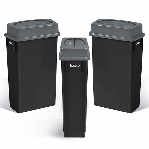 PLASTIC PRINCE 23 Gallon Slim Trash Can with Swing Lid Commercial Rectangular Garbage Can with Drop Shot Lid Waste Bin with Double Flip Top for Restaurant Home Kitchen Office, Black/Gray 3 Pack