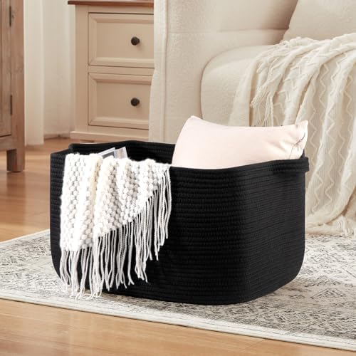 OIASKET Large Blanket Basket, Black Blanket Storage Living Room, Rectangle Woven Baskets for Storage Toys, Towels, Dirty Clothes Organizer Bins (Black)